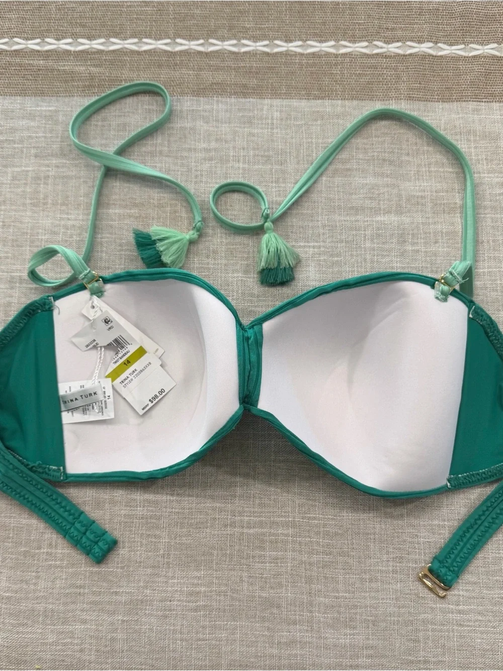 Trina Turk Olympia Rib Twist Bandeau Bikini Top Green Size 14 NWT